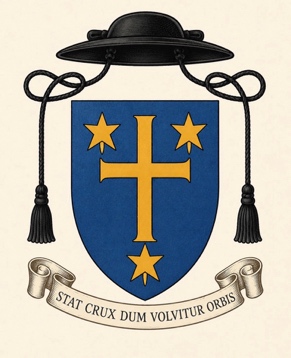 Priestly heraldic achievement example, azure shield with gold cross and stars beneath a galero